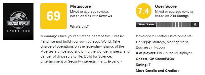 Jurassic World Evolution metacritic